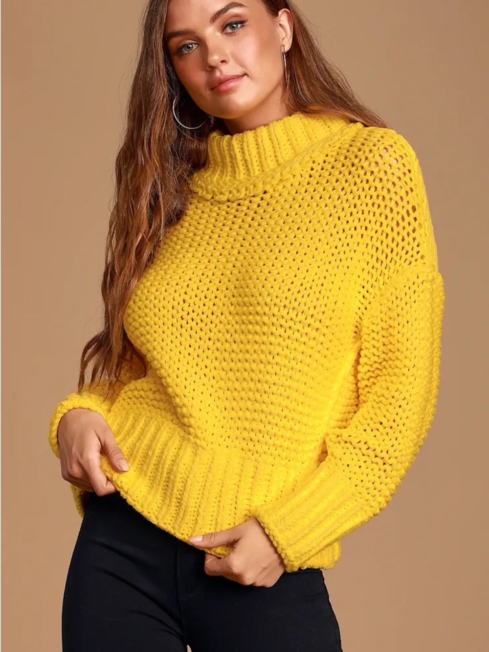 Knit Funnel Neck Sweater - Yellow
